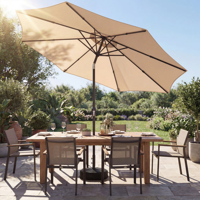 Outsunny 2.7 m Garden Parasol Umbrella with Cross Base and Sandbag, Retractable Ribs, Outdoor Table Market Umbrella, Khaki