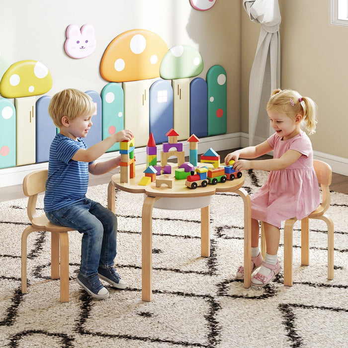 Cute Flower-Shaped Kids Table and 2 Chairs Set with Fabric Storage Bin-