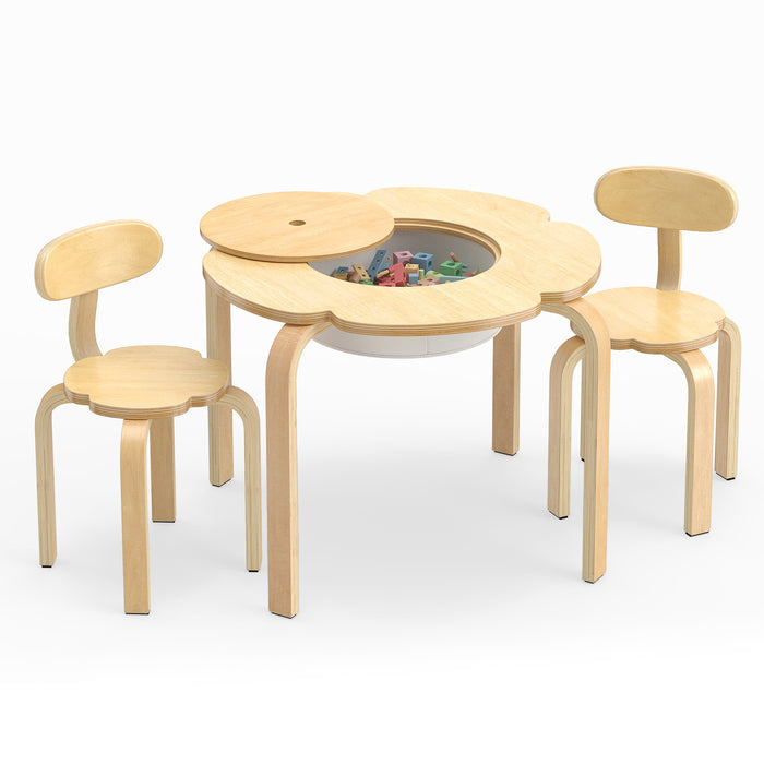 Cute Flower-Shaped Kids Table and 2 Chairs Set with Fabric Storage Bin-