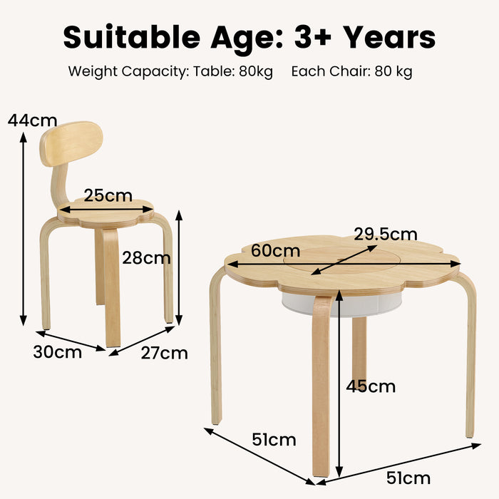 Cute Flower-Shaped Kids Table and 2 Chairs Set with Fabric Storage Bin-