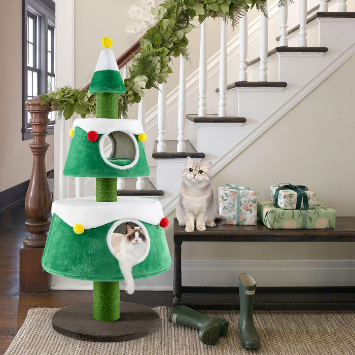 Cute Cat Tower Christmas Cat Tree for Indoor Cats with  2 Condos-