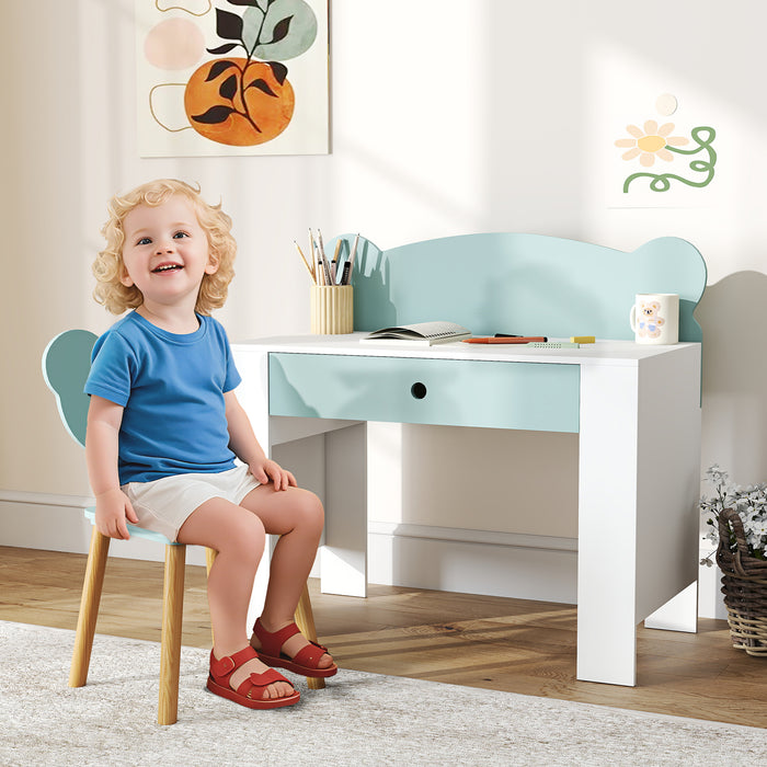 AIYAPLAY Kids Desk and Chair Set with Drawer for Drawing, Reading, Bear Theme Children Furniture for Bedroom, Daycare, Green