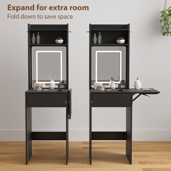 HOMCOM Small Vanity Desk with Mirror and LED Lights, Compact Dressing Table with Drop Leaf, Open Shelves and Drawer, Black