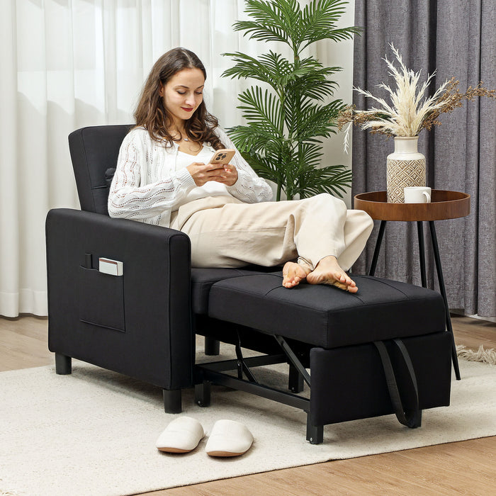 HOMCOM 3-In-1 Convertible Chair Bed, Pull Out Sleeper Chair with Adjustable Backrest, Side Pockets, Black