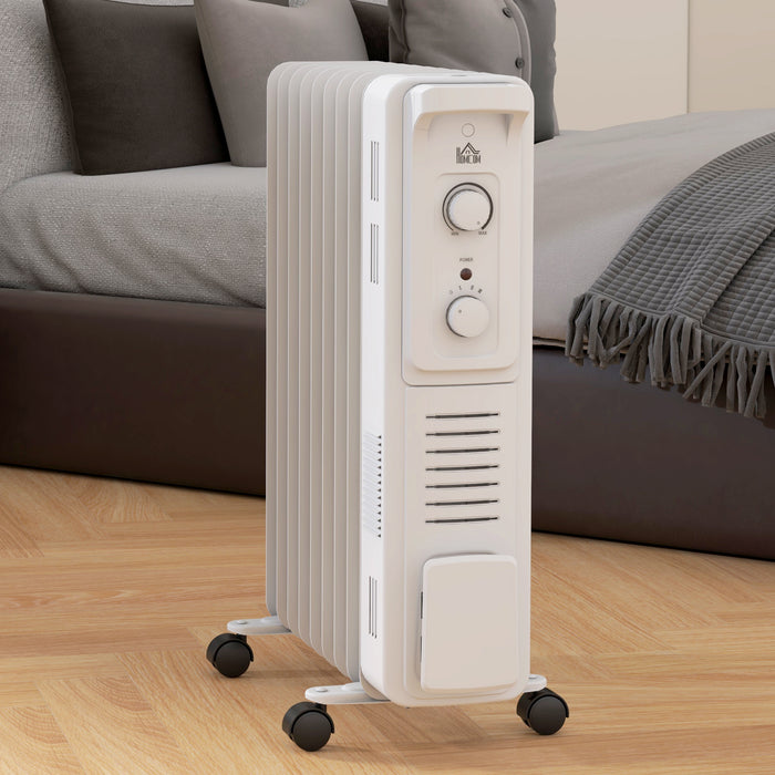 HOMCOM 2000W Oil Filled Radiator, 9 Fin Energy Efficient Portable Electric Heater with 3 Heat Settings, Adjustable Thermostat, Safety Tip Over, Overheat Protection, for Home, White