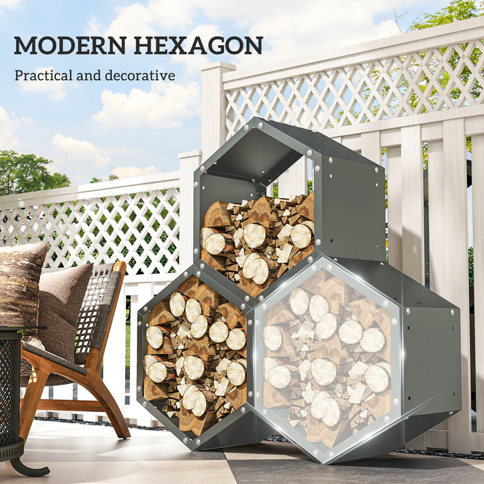 Outsunny Three-Shelf Hexagon Metal Firewood Rack - Grey | Aosom UK