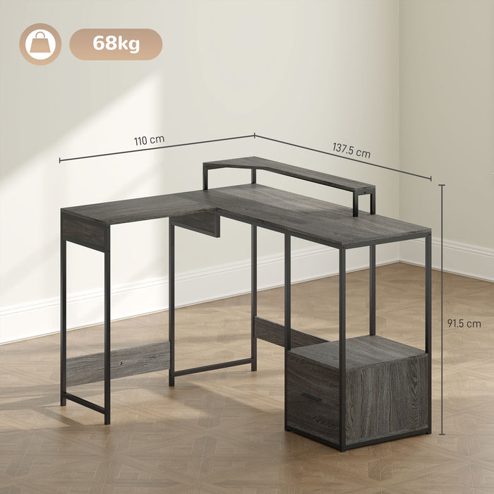 HOMCOM L Shaped Desk, Computer Desk with Liftable Desktop, Industrial Corner Desk with Drawer for A4/Letter Size, Home Office Desk with Monitor Stand for Home Office, Charcoal Grey