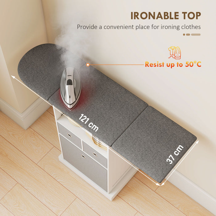 HOMCOM Ironing Board Cabinet on Wheels with Ironable and Foldable Top, Mobile Storage Cabinet with Ironing Board, White