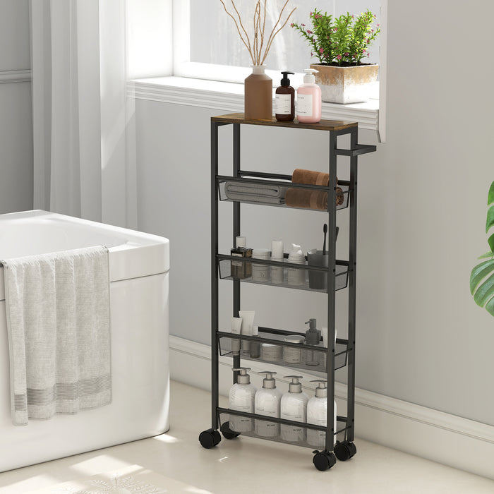 HOMCOM Slim Storage Trolley, 5-Tier Kitchen Cart on Wheels with Wood-effect Top, Handle for Living Room, Bathroom, Black