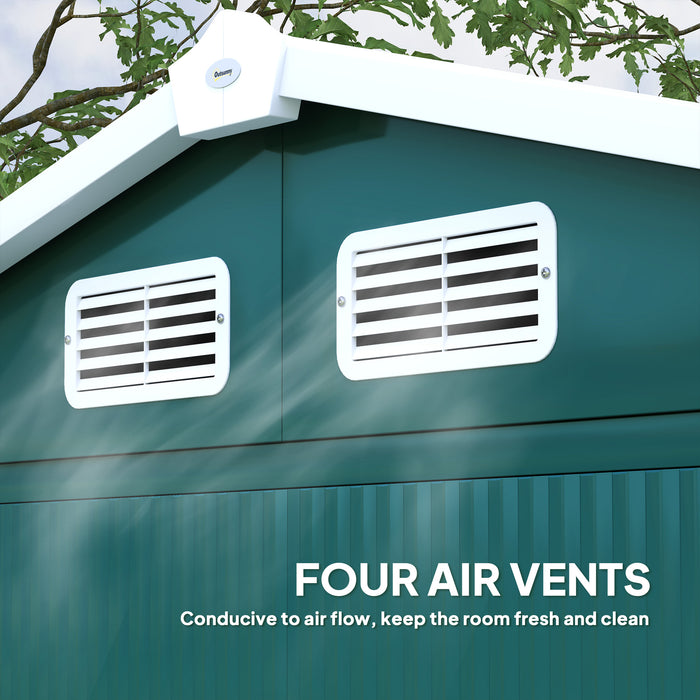 Outsunny 7 x 4ft Garden Shed, Easy to Assemble, Upgraded Galvanised Steel Frame with Foundation Kit, Double Doors with Lock, Outdoor Metal Shed with Vents and Gloves, Garden Storage Shed, Green