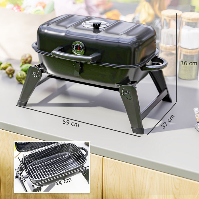 Outsunny Charcoal Barbecue Grill Folding BBQ Grill with 1232 cm² Cooking Area, Adjustable Vent, Thermometer, Handles for Camping Picnic, Black