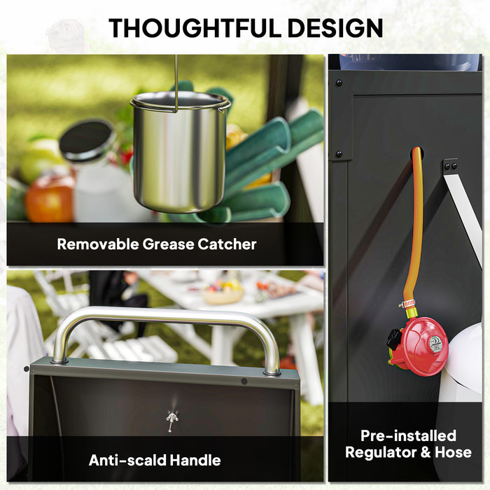 Outsunny 3+1 Burner Gas BBQ Grill with Storage Cabinet and Shelves, 11.6 kW Gas Barbecue Trolley with 6 Castor Wheels, Warming Rack, Thermometer for Outdoor Cooking Garden Party, Black