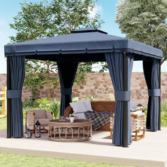 Outsunny 3 x 3(m) Patio Gazebo Canopy Garden Pavilion Tent Shelter Marquee with 2 Tier Roof, Netting and Curtains, Dark Blue