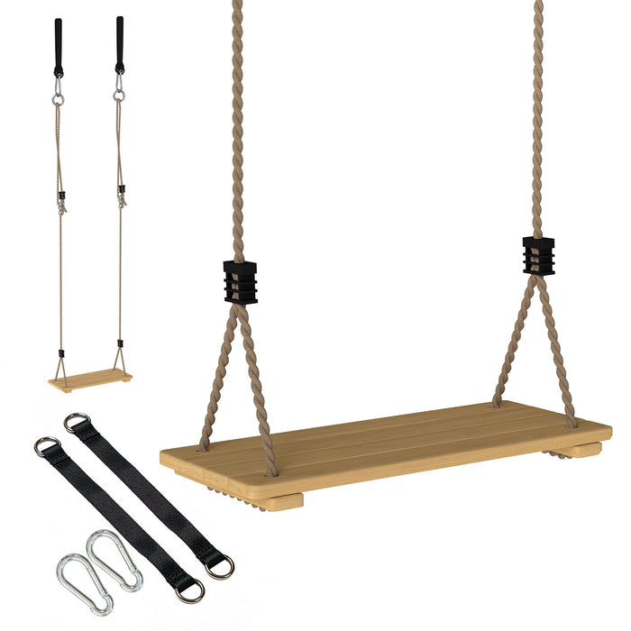 AIYAPLAY Wooden Swing Seat, Kids Swing Set with Adjustable Rope and Tree Straps, Outdoor Playground Playset for Kids