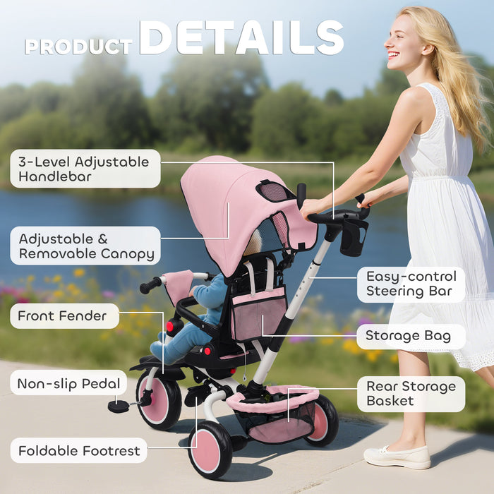 AIYAPLAY 6 in 1 Foldable Kids Trike with Adjustable Parent Handle & Canopy for Ages 1-5, Pink
