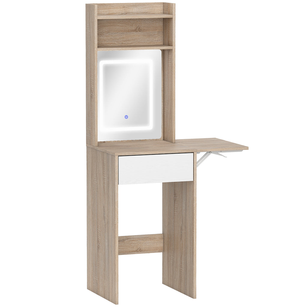 HOMCOM Small Vanity Desk with Mirror and LED Lights, Compact Dressing Table with Drop Leaf, Open Shelves, Natural Wood