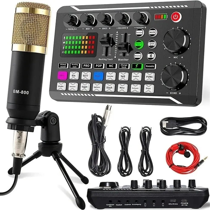 DJ Equipment F998 Sound Card Console - Microphone Kit and Cable for Studio Sound Mixing, Phone and Computer Live Voice Mixer - Ideal for Professional Audio Production and Broadcasting