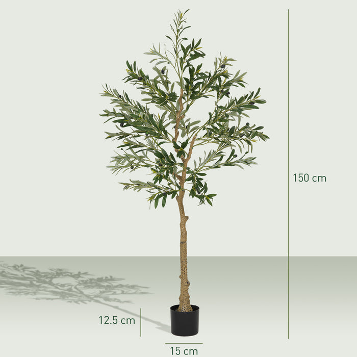 HOMCOM 5ft/ 150cm Decorative Artificial Plant, Silk Olive Tree with 720 Leaves and 32 Olive Fruits in Pot, Fake Plant for Home, Office, Living Room, Indoor Decor