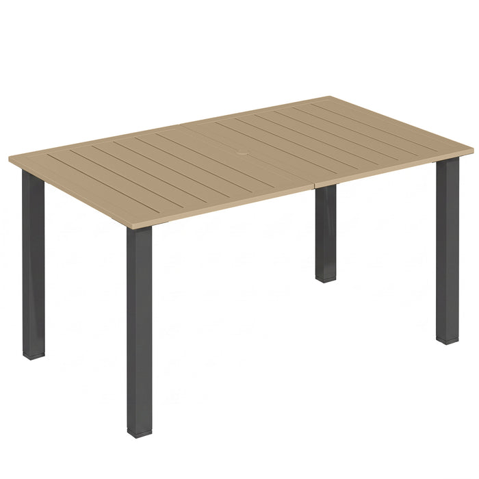 Outsunny Garden Dining Table for 6 with Parasol Hole, Rectangle Outdoor Garden Table with Slatted Metal Top, Steel Frame, Brown