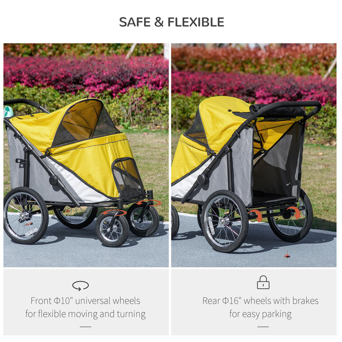 Foldable Canine & Feline Cart - Washable Cushion, Storage Bags & Safety Leash Features - Ideal for Medium to Large Pets on the Go, Vibrant Yellow
