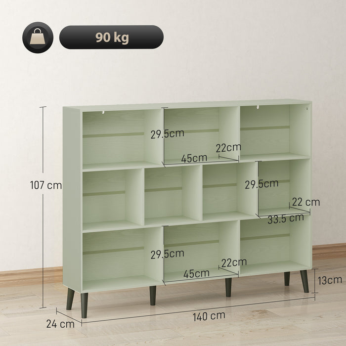 HOMCOM 10-Cube Bookcase, 3-Tier Book Shelf with Solid Wood Legs, 140 cm Modern Bookshelf with Anti-Tip Kit, Light Green
