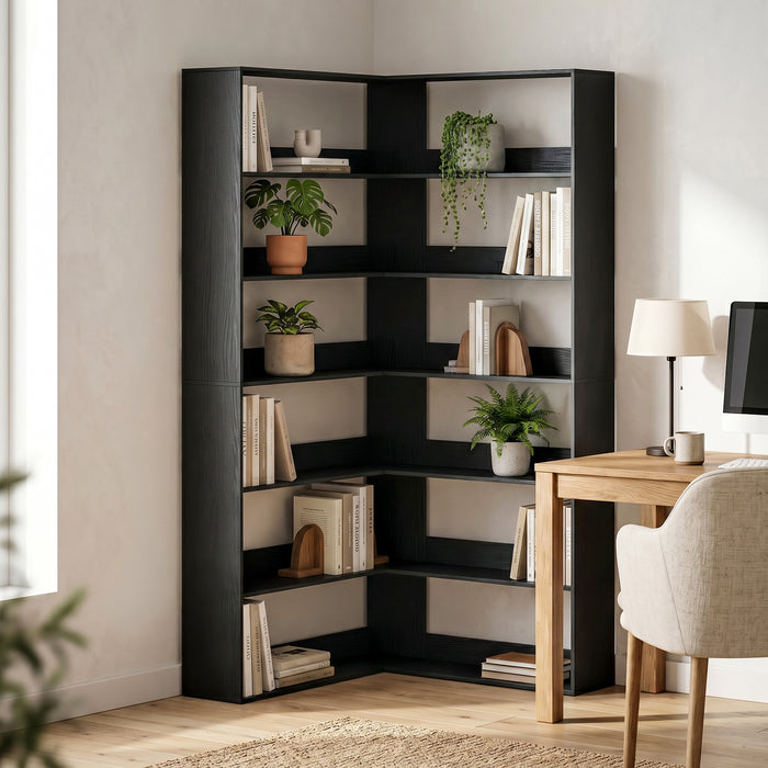HOMCOM 7 Tiers Bookshelf, L-Shaped Corner Bookcase with Anti-Slip Rear Guard, Black Wood Effect