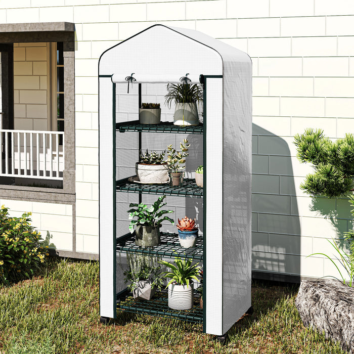 Outsunny 4 Tier Mini Portable Greenhouse Compact Plant Grow Shed Metal Frame PE Cover with Lockable Rolling Wheels , White