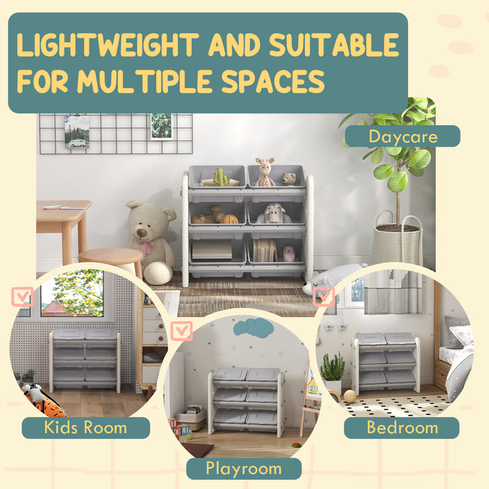 Kids Toy Organizer with 6 Bins - 3-Tier Storage Unit for Playroom, 76x37x60cm, Grey - Ideal for Toy Organization and Clutter Control