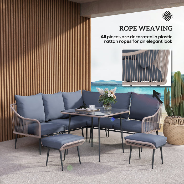 Outsunny 6 Piece Garden Furniture Set, Garden Corner Sofa Set with Thickened Cushions, Outdoor Patio Furniture Set with Glass Top Table, Footstools for Conservatory, Light Brown