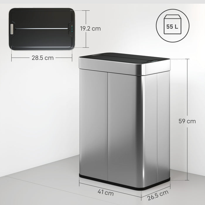 HOMCOM 55L Sensor Bin, Large Automatic Touchless Rubbish Bin with Soft-Close Lid, Silver Tone