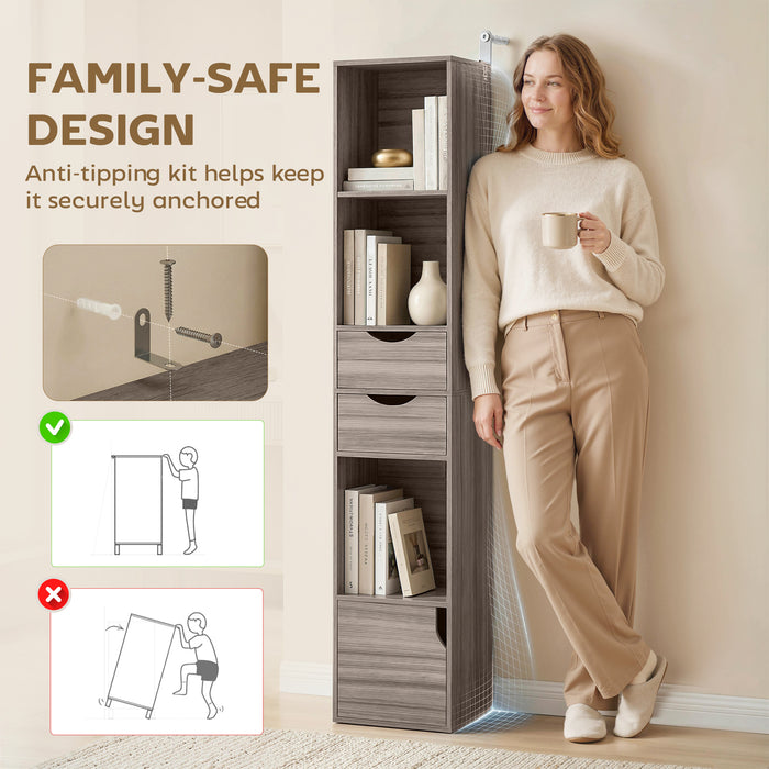 HOMCOM Bookcase with Drawers Adjustable Shelf Bookshelf with 2 Drawers and Cabinet 158 cm Grey