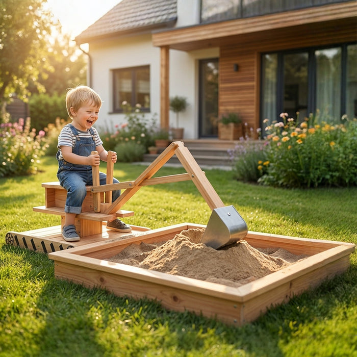 AIYAPLAY Wooden Sand Pit with Digger, Kids Sandbox Outdoor, SandPit with 360 Swivel Seat and Bottom Liner