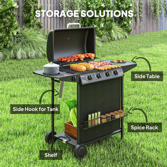 Outsunny 4+1 Burner Gas BBQ Grill, Portable Gas Barbecue Grill with Built-in Thermometer, Lid, Side Table, Shelf, Spice Rack, Wheels, Grease Cup for Garden Party Outdoor Cooking, Black