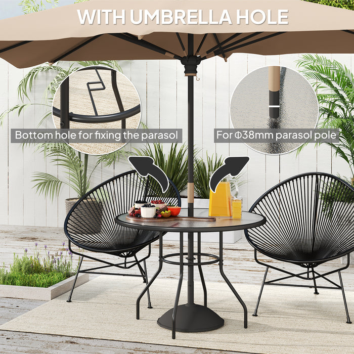 Outsunny 100 cm Round Dining Table with Parasol Hole, Outdoor Coffee End Side Table with Tempered Glass Top, Steel Frame for Garden, Black