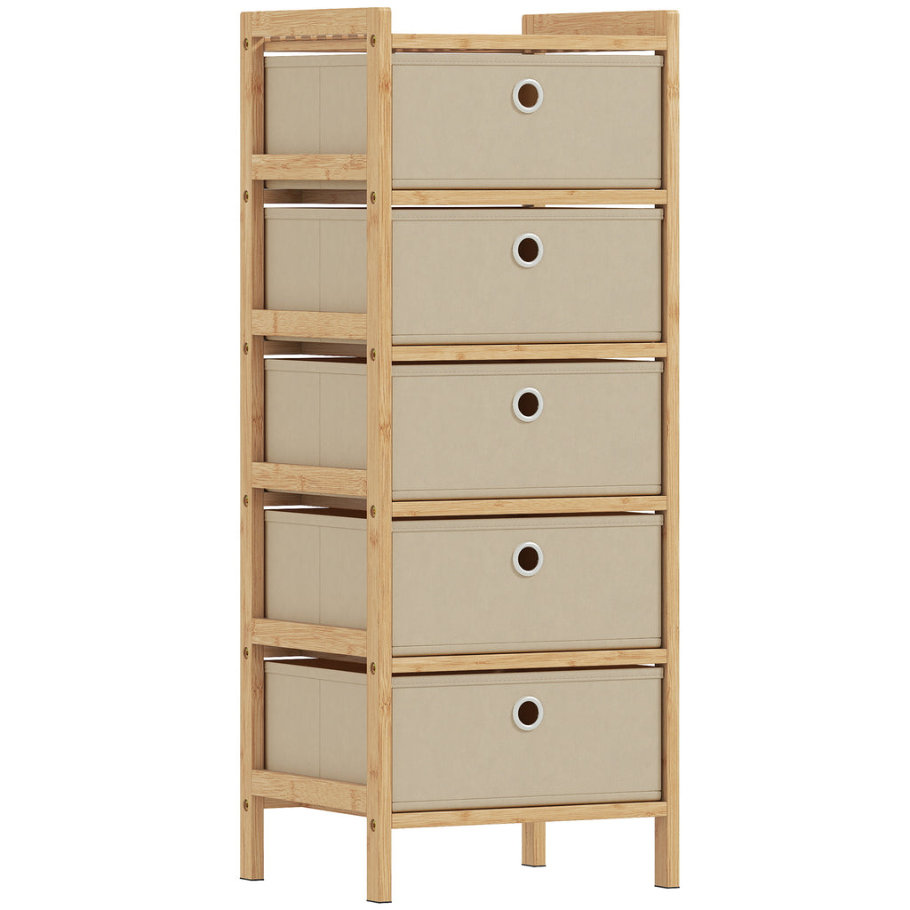 HOMCOM Chest of Drawers, 5 Fabric Drawers Narrow Dresser with Bamboo Frame, Cream White