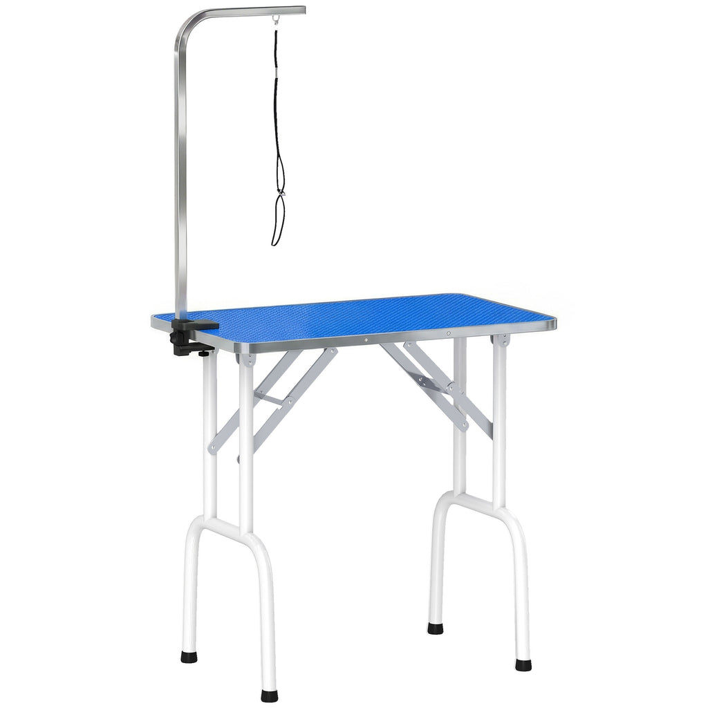 PawHut 32" Foldable Dog Grooming Table Pet Drying Beauty Table Adjustable Fixed Arm Rubber Top, Blue