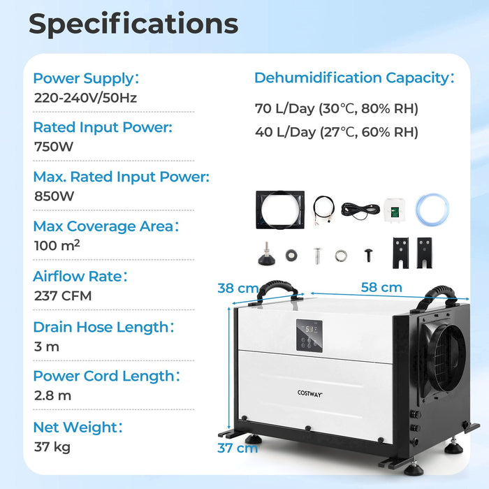 50/70L/Day Crawl Space Dehumidifier with 3 Modes and 24H Timer-Blue-