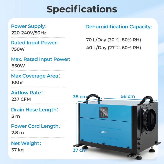 50/70L/Day Crawl Space Dehumidifier with 3 Modes and 24H Timer-Blue-