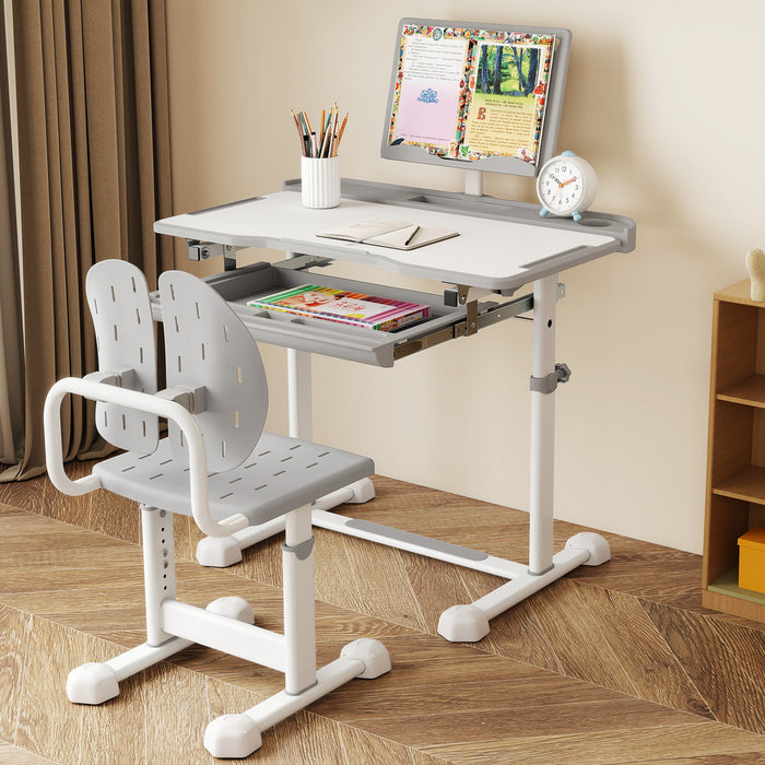 Height-Adjustable Kid's Study Desk and Chair Set with Tilt Desktop and Footrest Bar-
