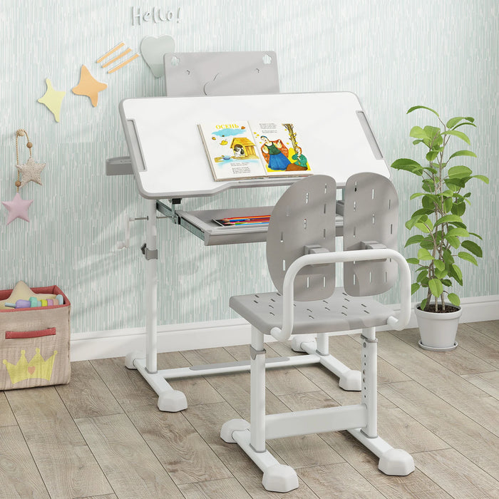 Height-Adjustable Kid's Study Desk and Chair Set with Tilt Desktop and Footrest Bar-