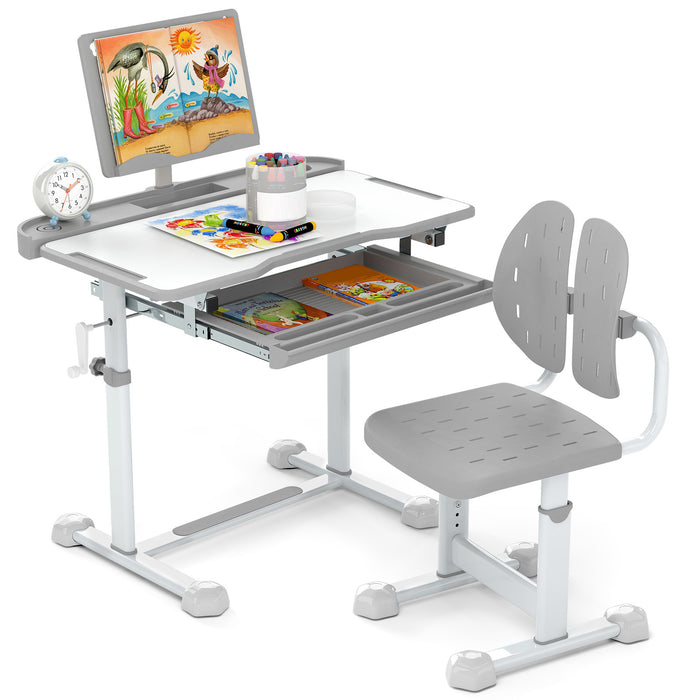 Height-Adjustable Kid's Study Desk and Chair Set with Tilt Desktop and Footrest Bar-
