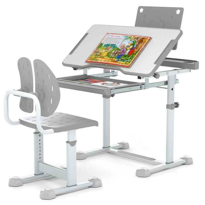 Height-Adjustable Kid's Study Desk and Chair Set with Tilt Desktop and Footrest Bar-