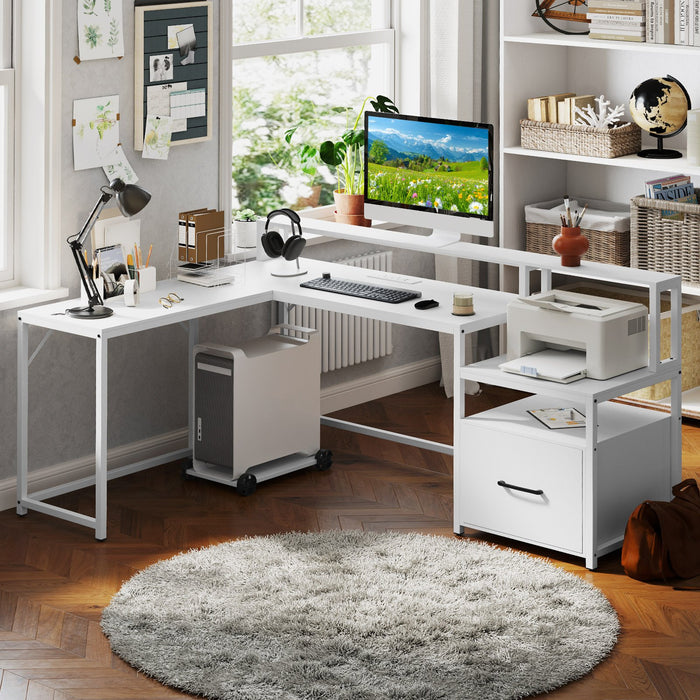 L-shaped Desk with Power Outlet and File Drawer-