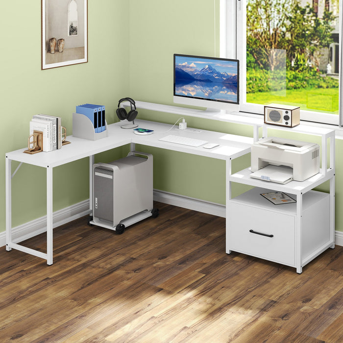 L-shaped Desk with Power Outlet and File Drawer-
