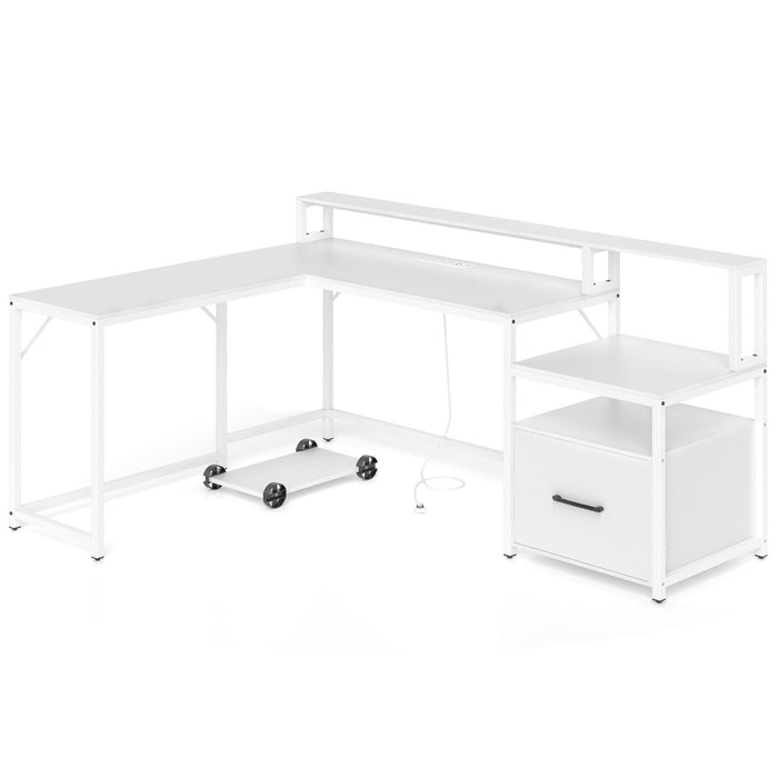 L-shaped Desk with Power Outlet and File Drawer-