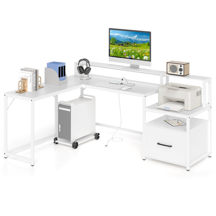 L-shaped Desk with Power Outlet and File Drawer-