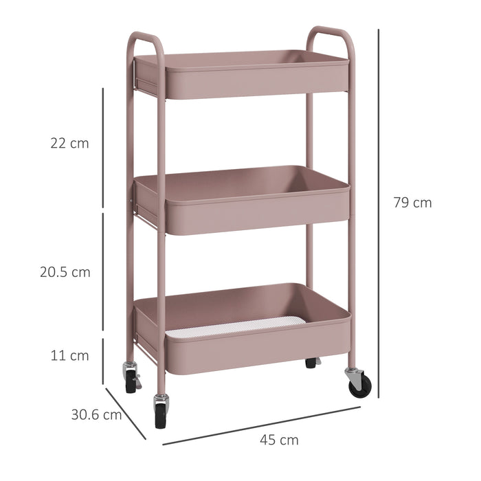 HOMCOM Three-Tier Steel Storage Trolley - Pink | Aosom UK