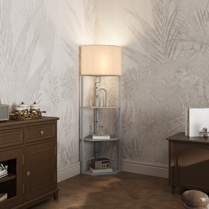 HOMCOM Corner Floor Lamp with Shelves, Tall Standing Lamps for Living Room, with Pull Chain Switch Bulb not Included, Grey | Aosom UK