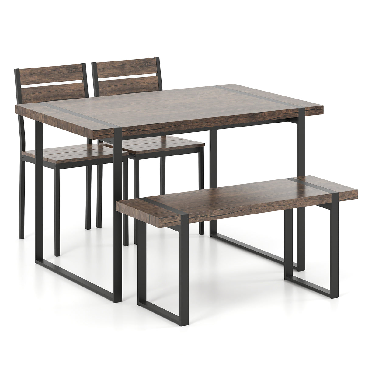 4-Piece Wooden Rectangular Dining Table Set with 1 Bench and 2 Armless Chairs for 4-