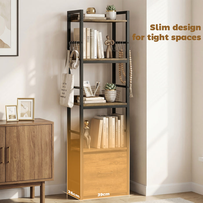 HOMCOM 4-Tier Bookshelf, Narrow Bookcase with Drawer, 8 Hooks, Metal Frame, Rustic Brown